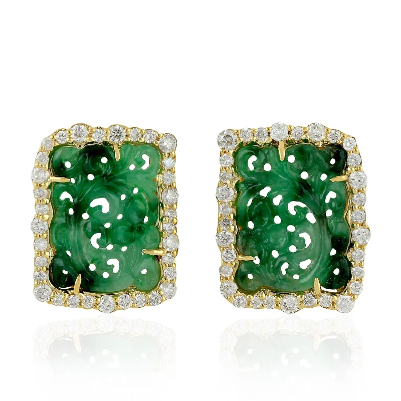 Retro Stud Earrings for Nostalgia -Handcarved Jade 18k Yellow Gold Pave Diamond Designer Stud Earrings Antique Jewelry