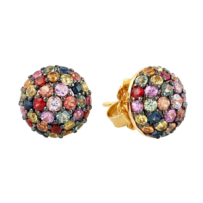 Ethnic Stud Earrings with Tribal Design -Handmade 18k Yellow Gold Multicolor Sapphire Dome Stud Earrings