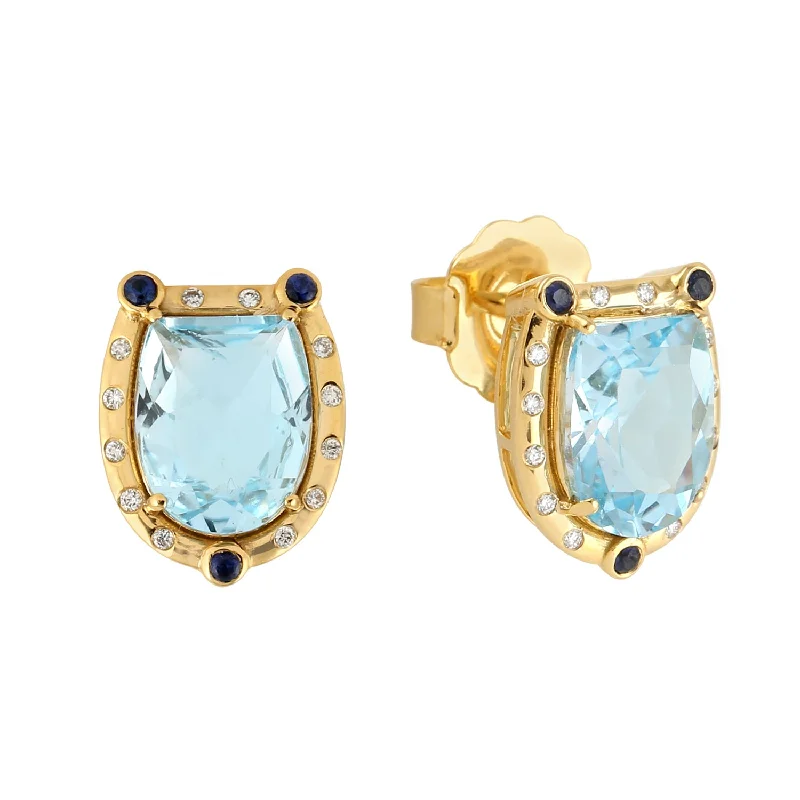 Stud Earrings with Filigree -Blue Topaz Blue Sapphire Diamond 18k Yellow Gold Handmade Stud Earrings For Her