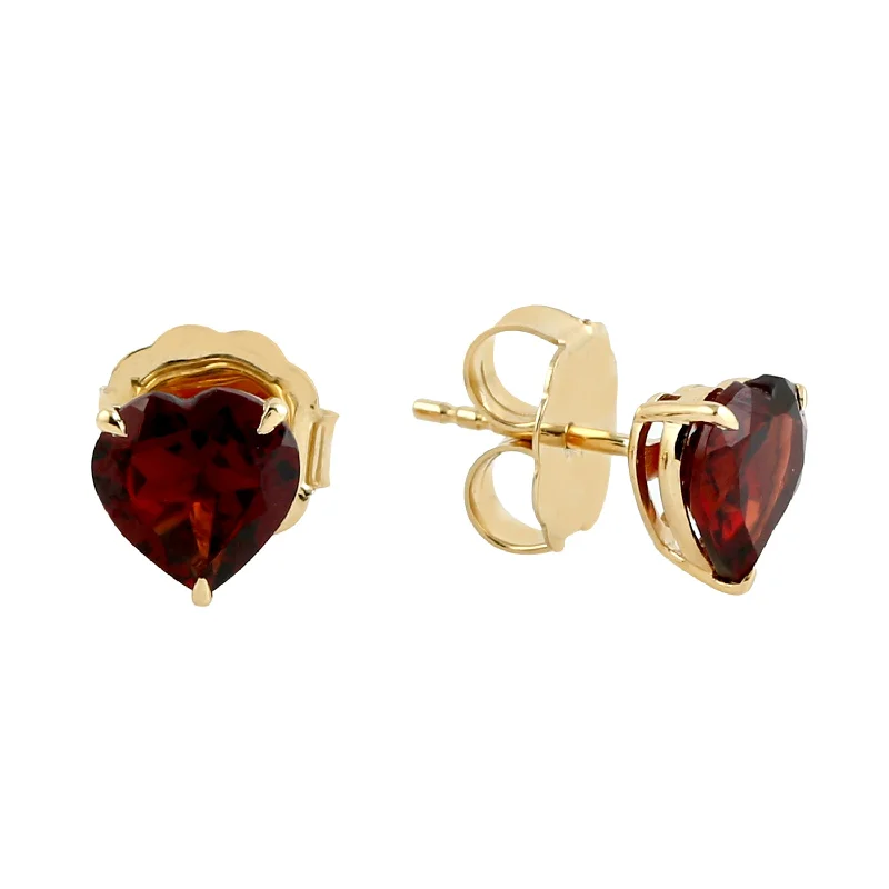 Stud Earrings with Hammered Finish -Heart Shape Garnet Love Stud Earrings In 18k Yellow Gold