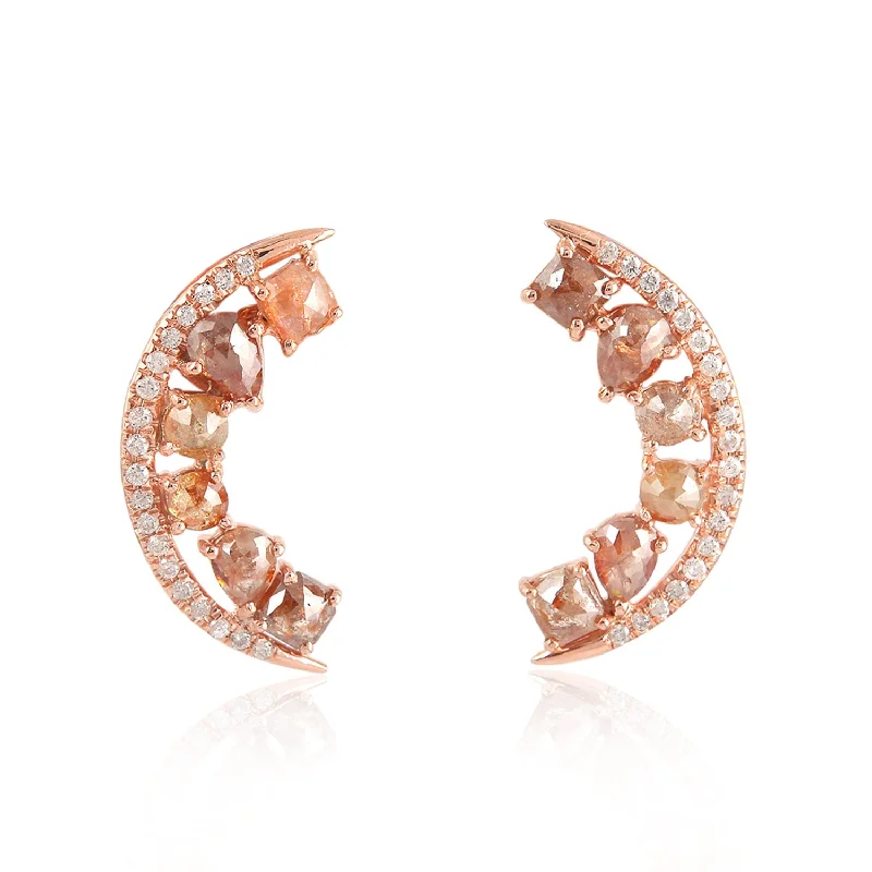 Stud Earrings with Leaf Motifs -Ice Diamond Designer Crescent Moon Stud Earrings In 18K Rose Gold Gift