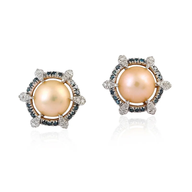 Retro Stud Earrings for Nostalgia -Impressive Pink Pearl June Gemstone Button Shaped Diamond Stud Earrings In White Gold