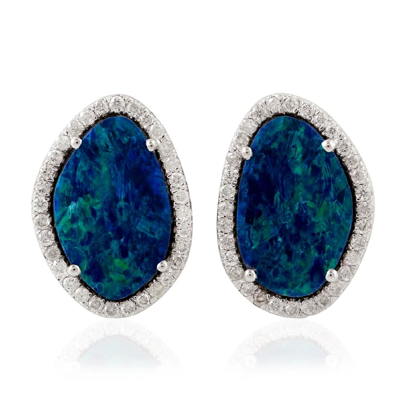 Stud Earrings with Crystals -Made In 18K White Gold Cabouchon Opal Doublet Micro Pave Diamond Stud Earrings Jewelry