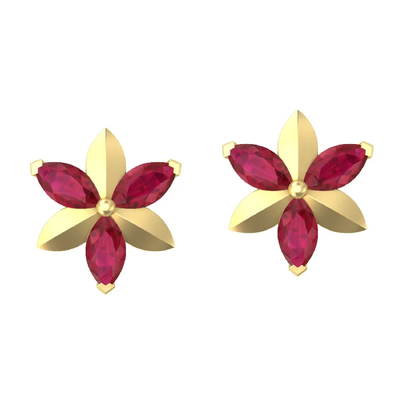 Stud Earrings for Formal Attire -Marquise Cut Ruby 14k Yellow Gold Floral Desin Stud Earrings