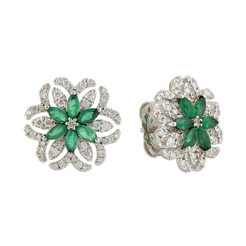 Stud Earrings for Mother's Day -Marquise Emerald Pave Natural Diamond Floral Stud Earrings In 18k White Gold