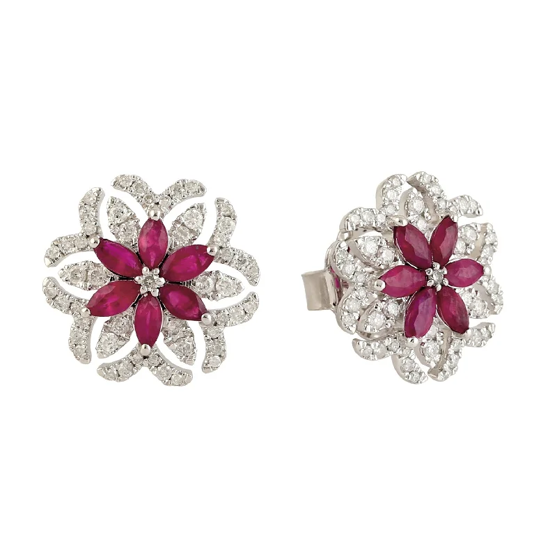 Stud Earrings for Anniversary -Marquise Ruby & Pave Diamond Beautiful Stud Earrings In 18k White Gold