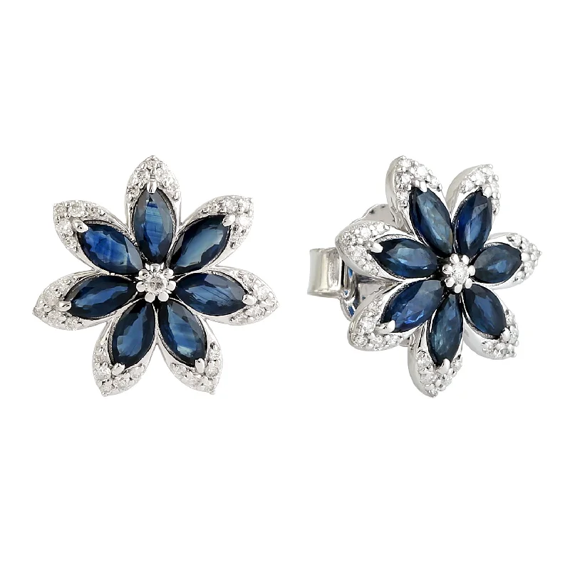 Ethnic Stud Earrings with Tribal Design -Marquise Sapphire Diamond Daisy Stud Earrings In 18k White Gold For Her