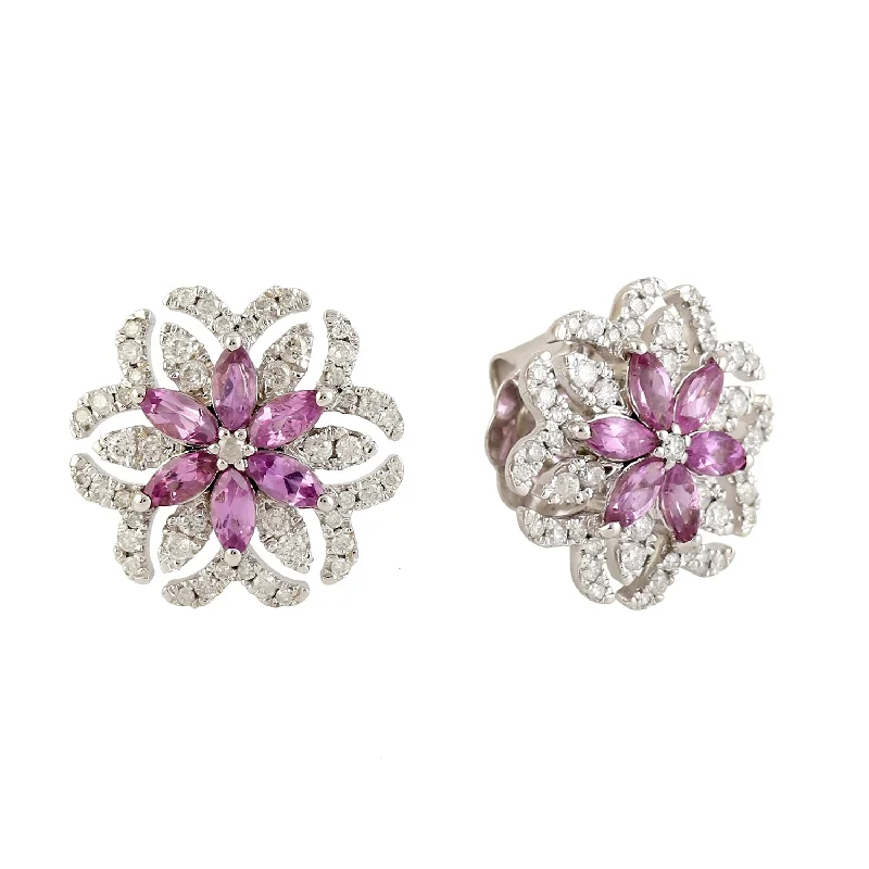 Stud Earrings with Rhinestones -Marquise Cut Pink Sapphire Pave Diamond Floral Stud Earrings in 18k White Gold