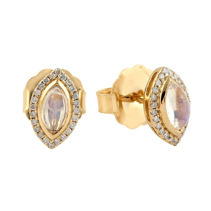 Stud Earrings for Yoga Session -Marquise Shape Moonstone Pave Diamond Stud Earrings In 18k Yellow Gold Jewelry