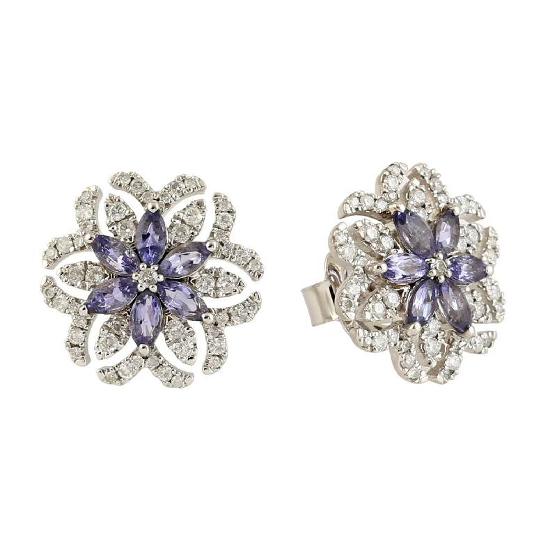 Stud Earrings with Crystals -Marquise Tanzanite December Birthstone Diamond Floral Stud Earrings in 18k White Gold