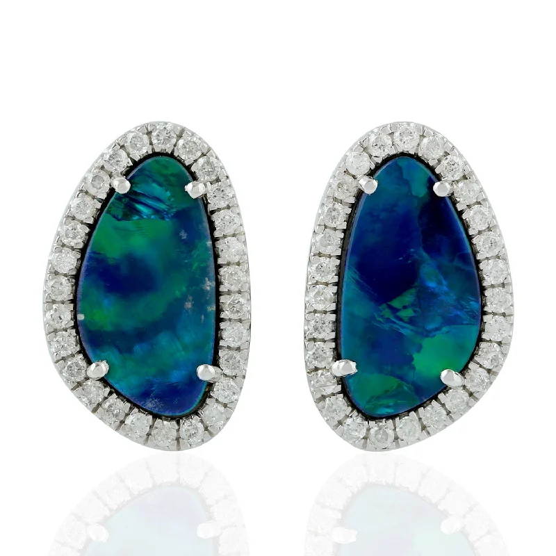 Hypoallergenic Stud Earrings for Sensitive -Micro Pave Diamond Opal Doublet Unique Desgin Stud Earrings Jewelry In 18k White Gold