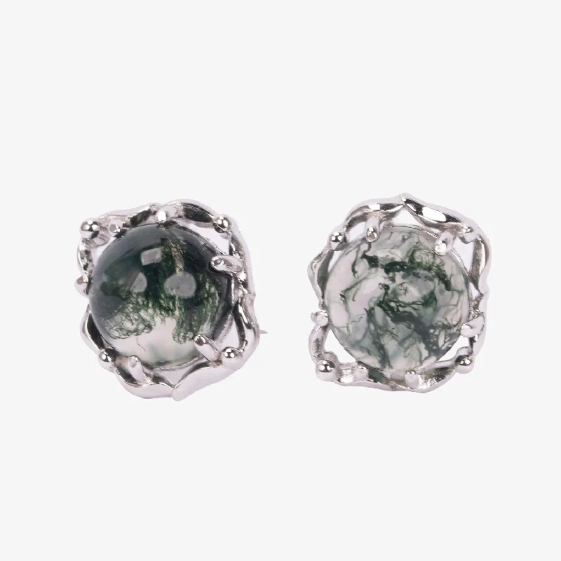 Silver Stud Earrings for Men -Moss Agate Floral Stud Earrings | Designer Jewellery Australia