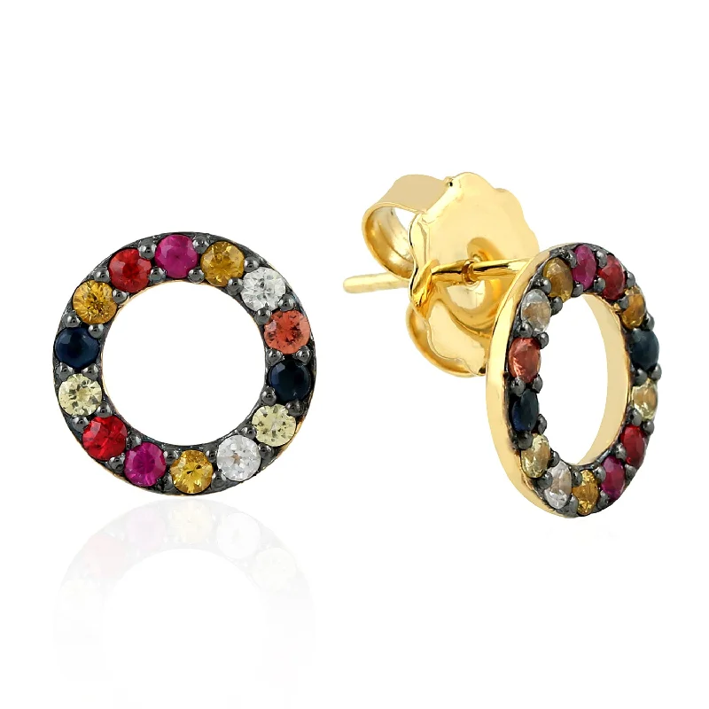 Triangular Stud Earrings for Edge -Multicolor Sapphire little Front Hoop Stud Earrings In 18k Gold