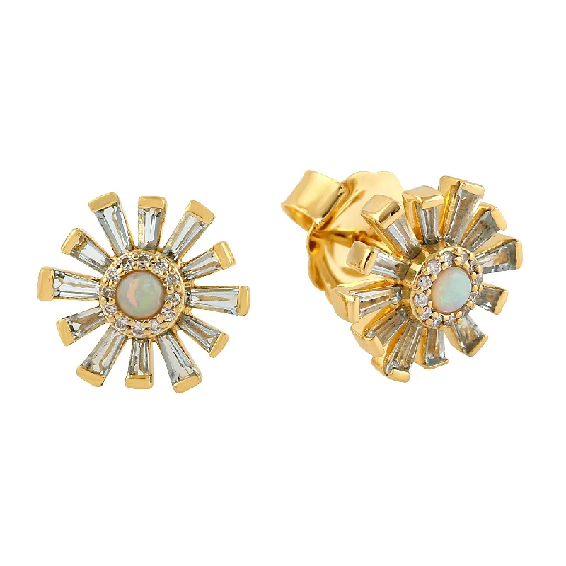 Stud Earrings for Wedding Ceremony -Multiple Baguette Gemstone Floral Design Stud Earrings In 18k Yellow Gold