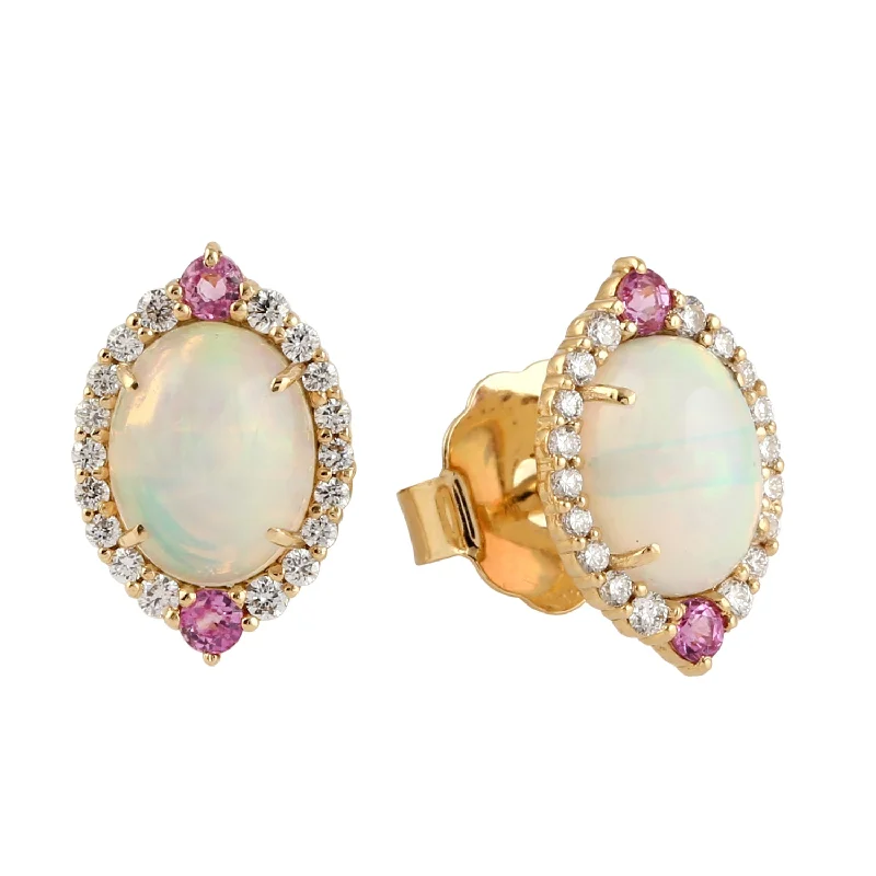 Stud Earrings for Beach Outfit -Natual Opal Ethopian Sapphire Diamond Stud Earrings In 18k Yellow Gold