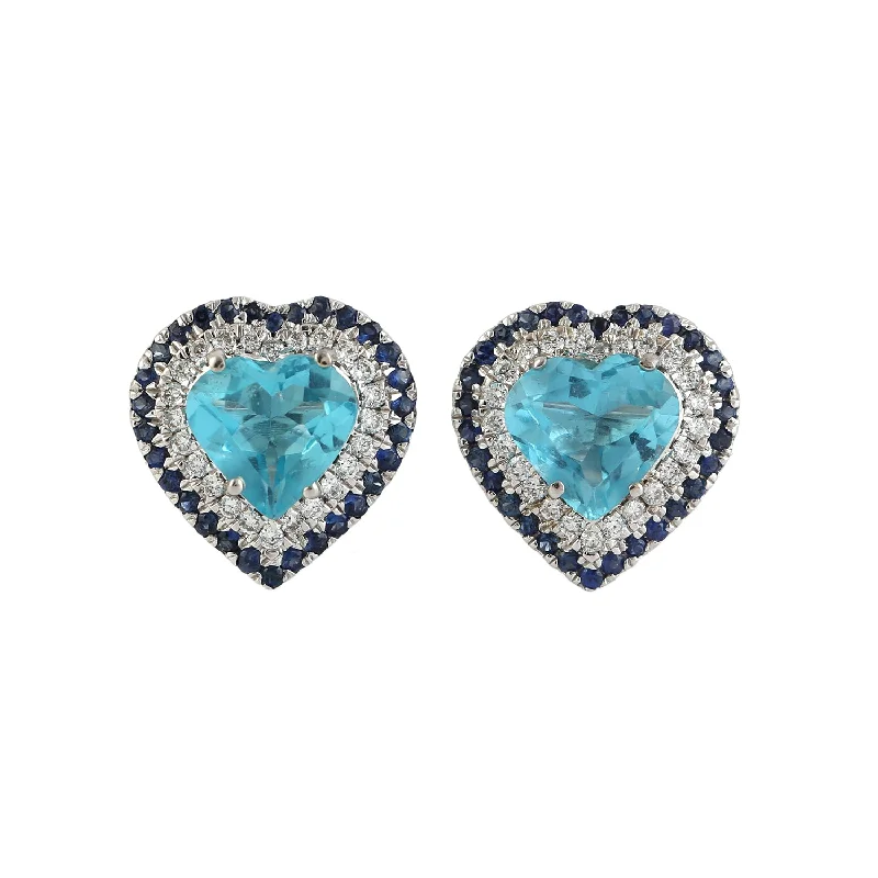 Stud Earrings for Shopping Trip -Natural Apatite Blue Sapphire Diamond Heart Stud Earrings In 18k White Gold