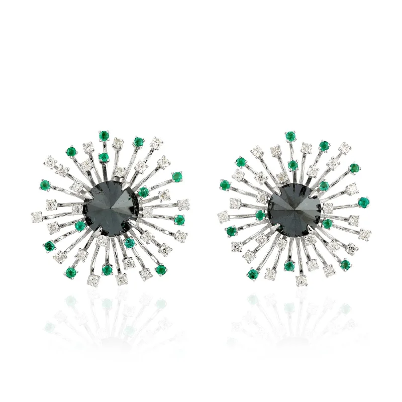 Stud Earrings for Mother's Day -Natural Black White Diamond Emerald Sun Burst Stud Earrings In White Gold