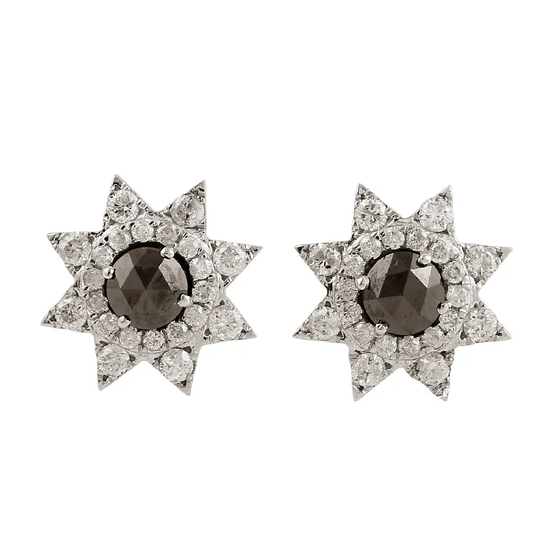 Stud Earrings for Wellness Routine -Natural Black & White Diamond Star Burst Stud Earrings Jewelry In 18k White Gold