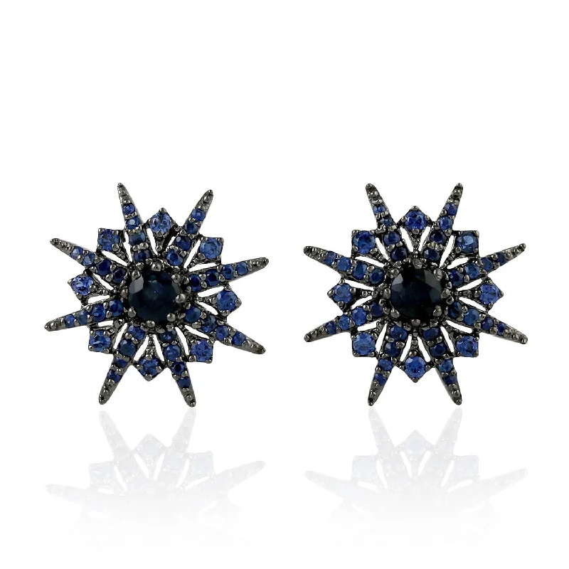 Floral Stud Earrings with Petals -Natural Blue Black Sapphire Star Burst 18k Gold Stud Earrings