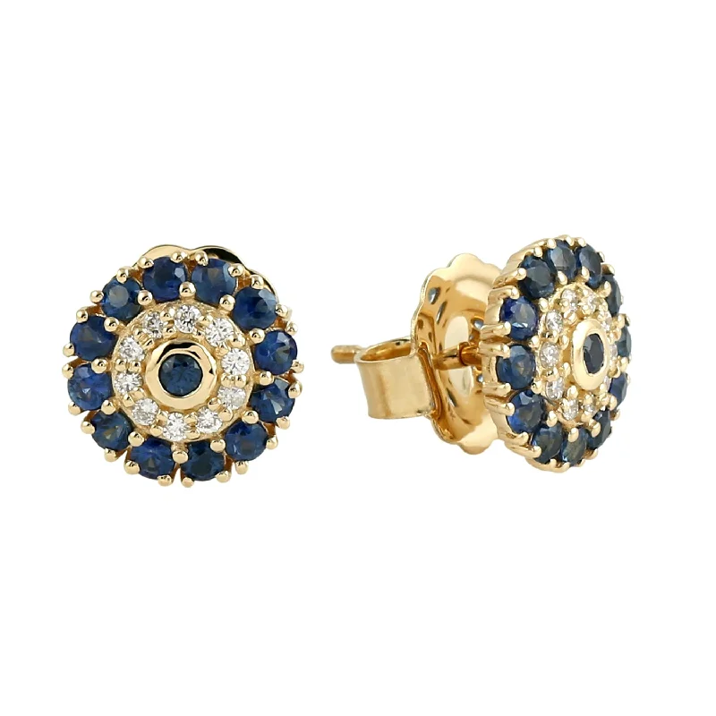 Stud Earrings with Filigree -Natural Blue Sapphire Diamond Handmade Stud Earrings In 18k Yellow Gold