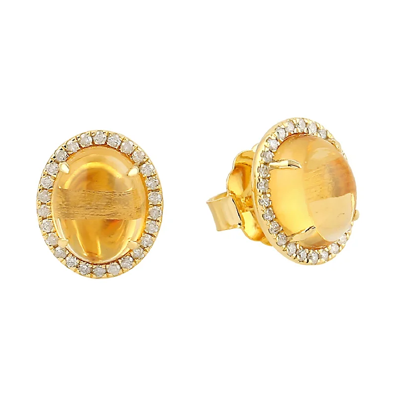 Stud Earrings with Pearls and Diamonds -Natural Citrine Oval Stud Earrings Diamond Fine Jewelry In 14k Yellow Gold