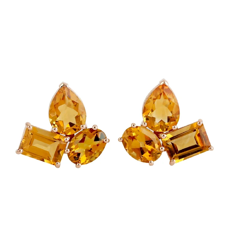 Stud Earrings with Crystals -Natural Citrine Three Stone Stud Earrings In 18k Rose Gold