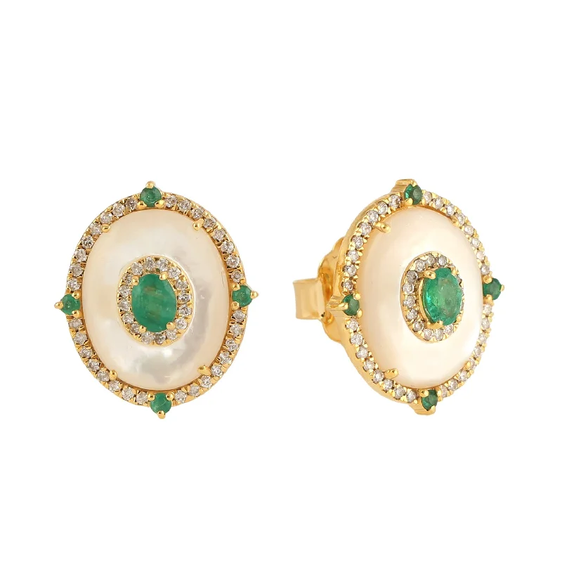 Stud Earrings with Leaf Motifs -Natural Diamond Emerald MOP Stud Earrings in 18k Yellow Gold For Her