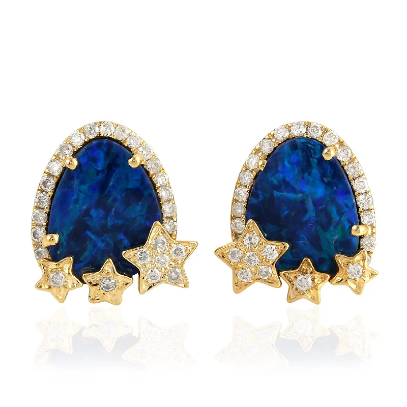 Stud Earrings for Bridesmaids Look -Natural Diamond Opal Doublet Star Design 18k Yellow Gold Stud Earrings