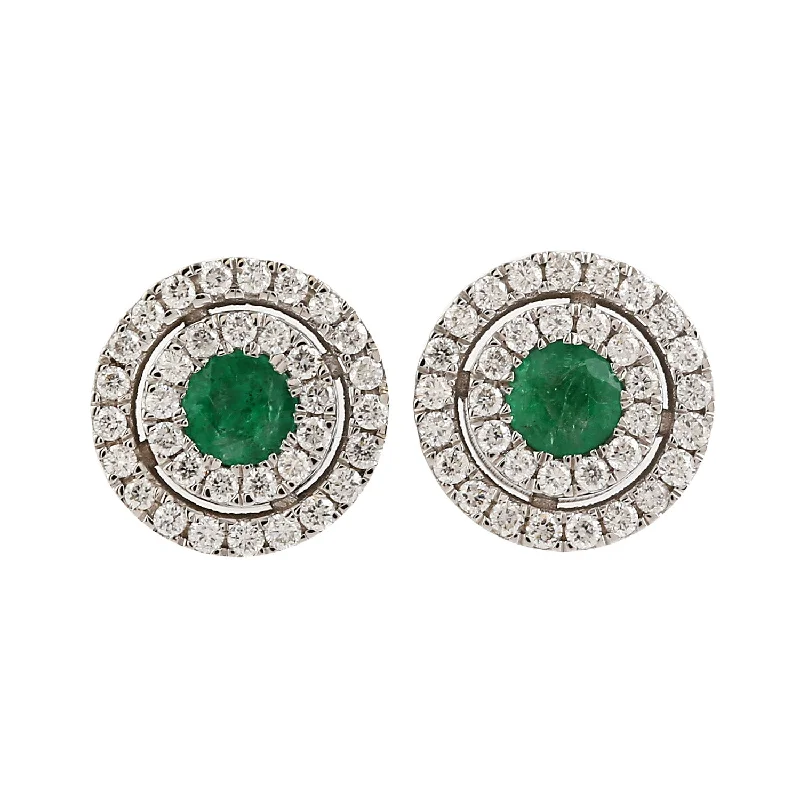 Stud Earrings for Beach Outfit -Natural Emerald & Diamond Double Halo Minimal Stud Earrings In 18k White Gold