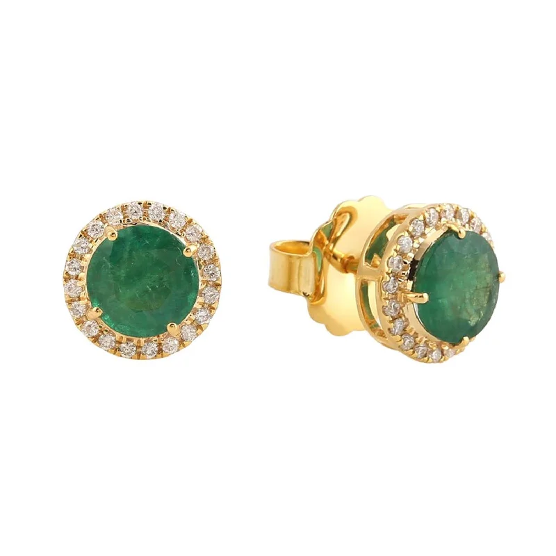 Stud Earrings for Engagement Party -Round Emerald & Diamond Minimal Stud Earrings In 18k Yellow Gold