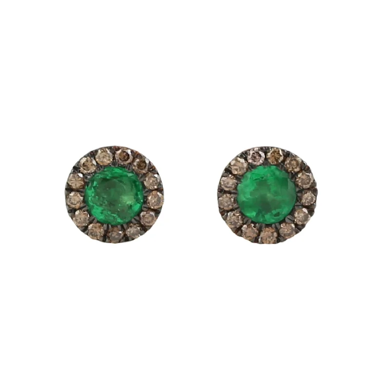 Stud Earrings for School Uniform -Natural Emerald Gemstone Pave Diamond Round Mini Stud Earrings In 18k Gold Gift For Her