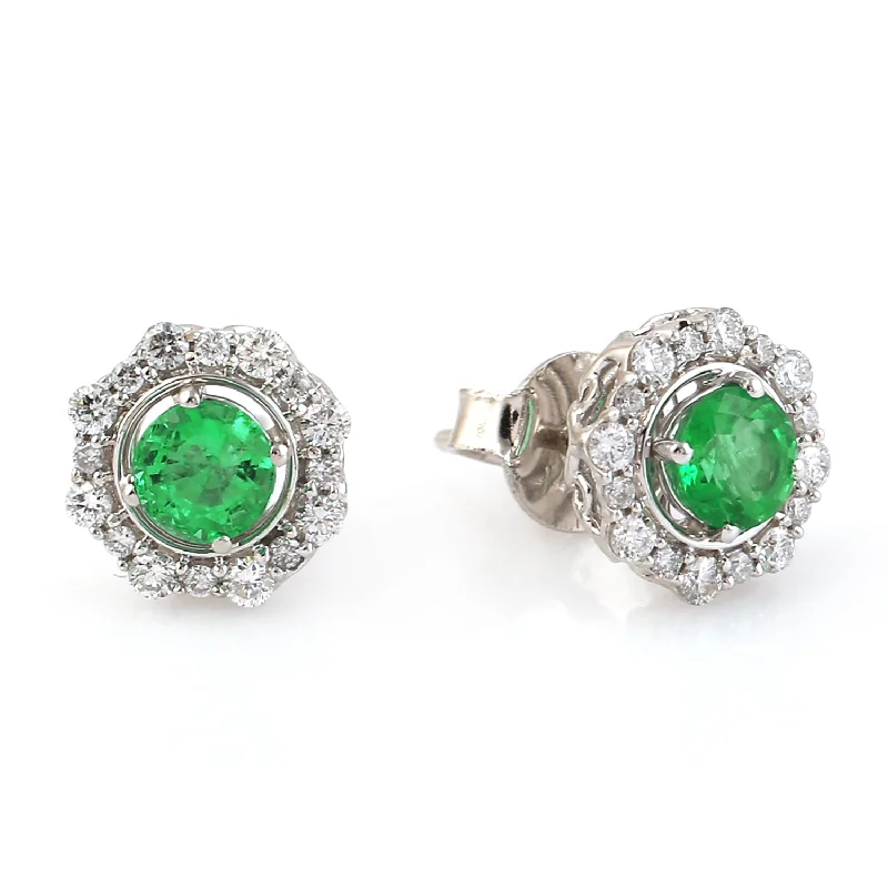 Stud Earrings with Leaf Motifs -Natural Emerald Pave Diamond Halo Stud Earrings In 14k White Gold For Gift