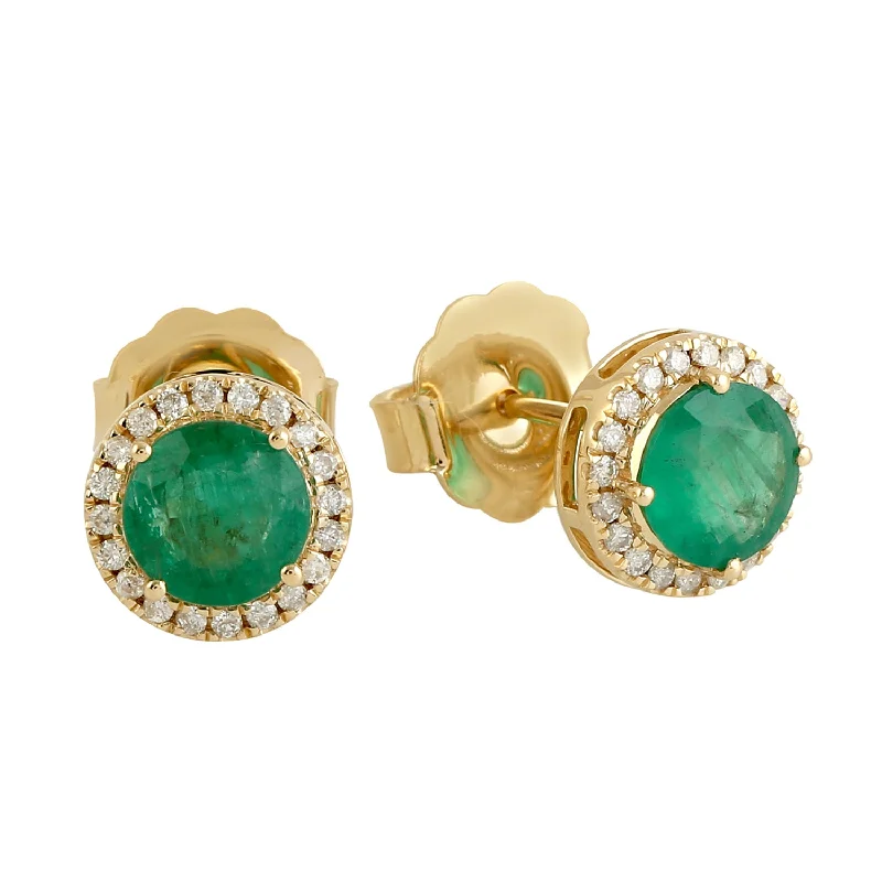 Diamond Stud Earrings for Luxury -Natural Emerald Pave Diamond Halo Stud Earrings In 18k Yellow Gold For Women