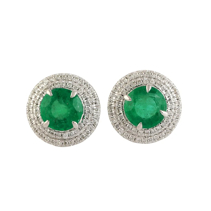 Stud Earrings for Travel Look -Natural Emerald Pave Diamond Round Stud Earrings In 14k White Gold