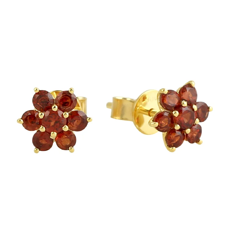 Stud Earrings with Polished Shine -Natural Garnet Daisy Stud Earrings in 10k Yellow Gold