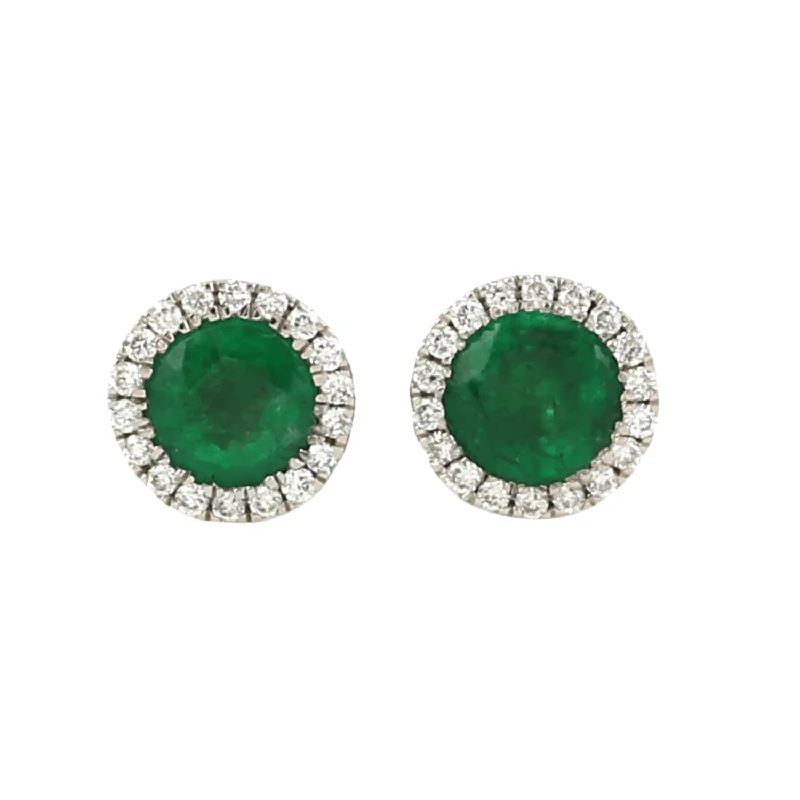 Push Back Stud Earrings for Convenience -Natural Green Emerald Pave Diamond Halo Stud Earrings In 18k White Gold