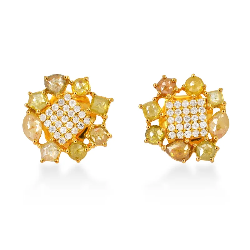 Floral Stud Earrings with Petals -Natural Ice Diamond Pave Diamond Fashion Stud Earrings In Solid Gold