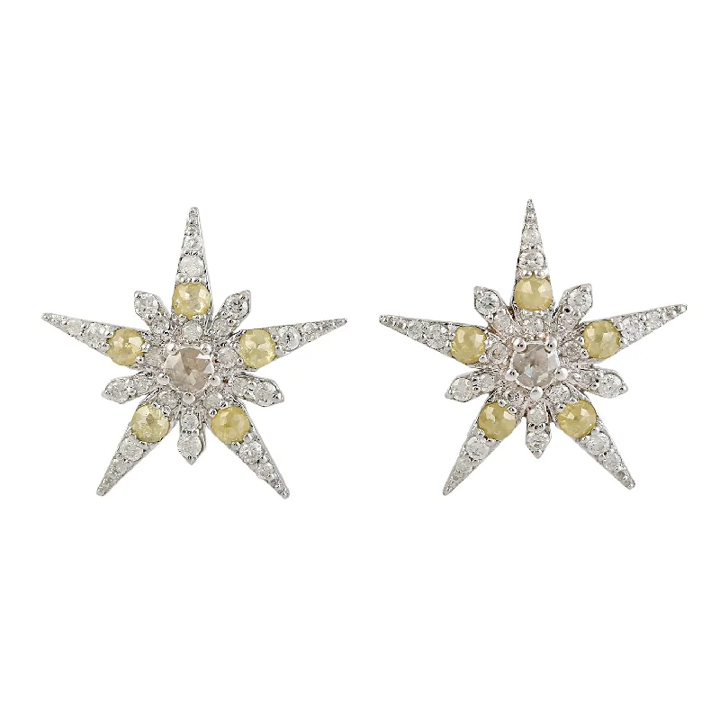 Stud Earrings with Symbolic Elements -Natural Ice Diamond Star Burst Design Stud Earrings Pave Jewelry In 18k White Gold