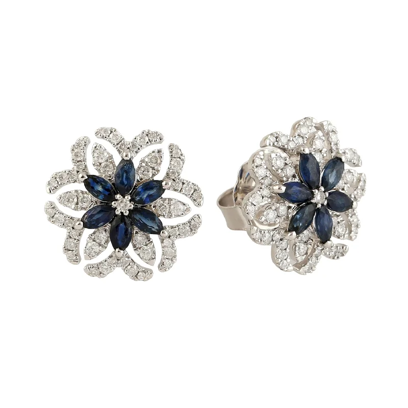 Stud Earrings with Embossed Patterns -Marquise Blue Sapphire & Diamond Floral Stud Earrings In 18k White Gold