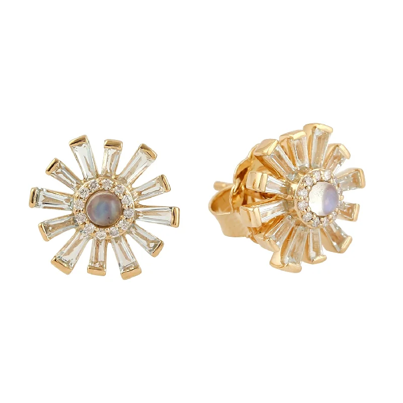 Stud Earrings with Enamel -Natural Moonstone, Tapered Baguette Topaz & Diamond Sun Burst 18k Yellow Gold Stud Earrings