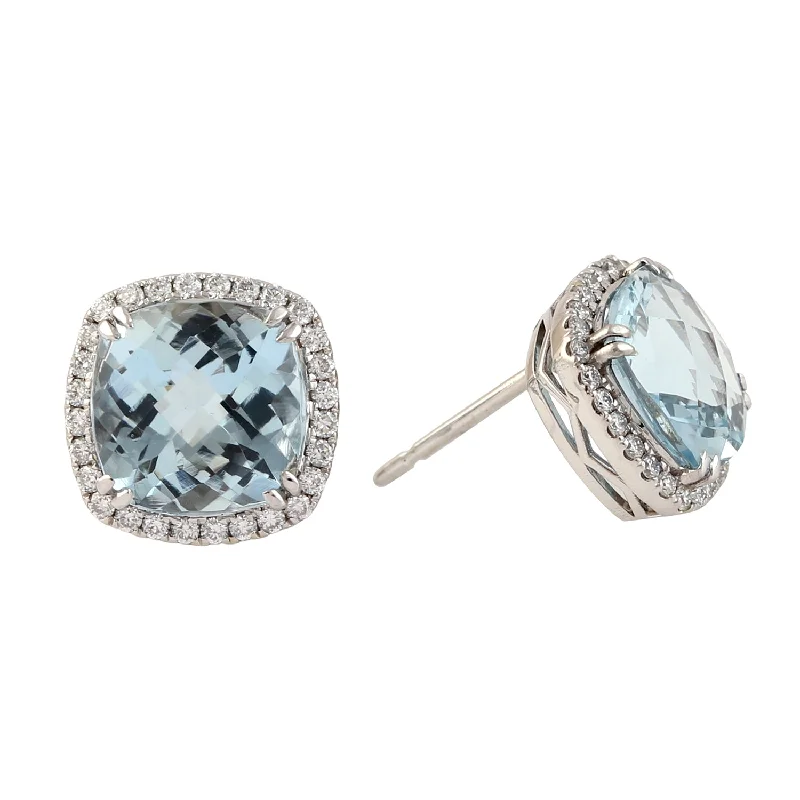 Stud Earrings for Shopping Trip -Natural Pave Diamond & Aquamarine Gemstone Stud Earrings In 18k White Gold