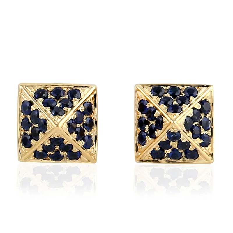 Stud Earrings with Matte Finish -Natural Pave Sapphire 18k Yellow Gold Symbol Stud Earrings