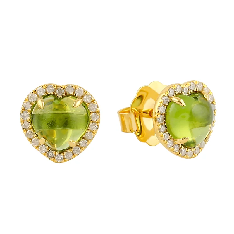 Stud Earrings with Gemstones and Beads -Natural Peridot Heart Shaped Diamond Stud Earrings In 14k Yellow Gold Fine Jewelry