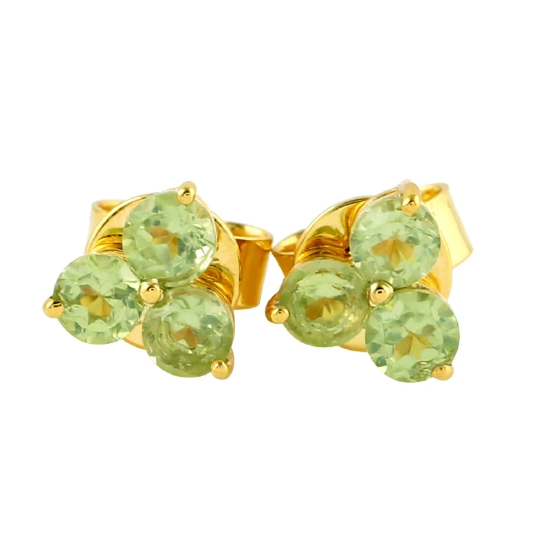 Pearl Stud Earrings for Elegance -Natural Peridot Three Stone 10k Yellow Gold Stud Earrings