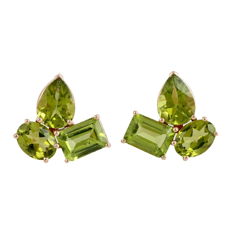 Stud Earrings with Pearls and Diamonds -Natural Peridot Three Stone Stud Earrings In 18k Yellow Gold