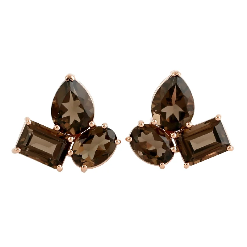 Triple Stud Earrings for Layered -Natural Quartz Smokey Three Stone Stud Earrings In 18k Rose Gold