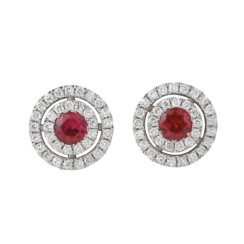 Stud Earrings for Festival Style -Natural Ruby & Diamond Double Halo Minimal Stud Earrings In 18k White Gold