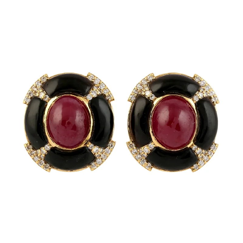 Stud Earrings for Concert Look -Natural Ruby Diamond Enamel Stud Earrings in 18k Gold Gift