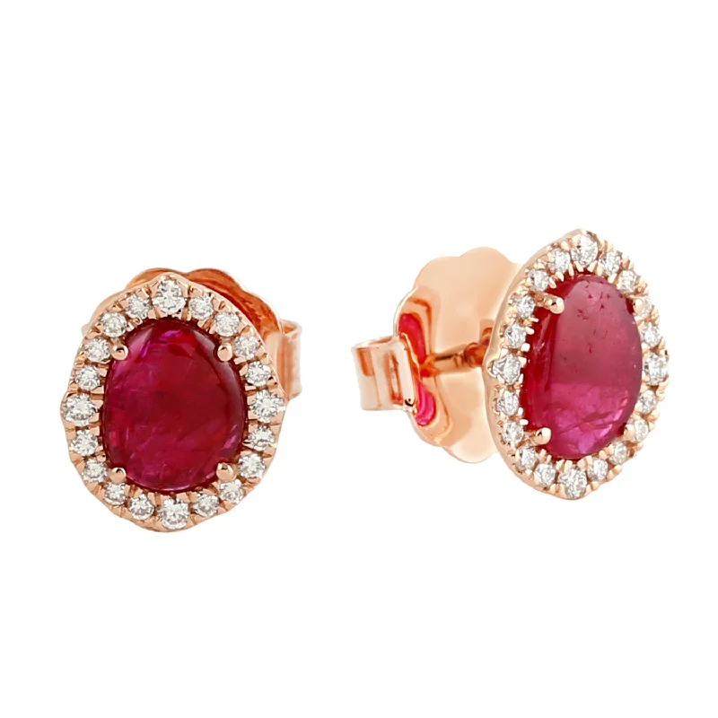 Tarnish Resistant Stud Earrings for Longevity -Natural Ruby Diamond Halo Stud Earrings In Solid 18k Rose Gold