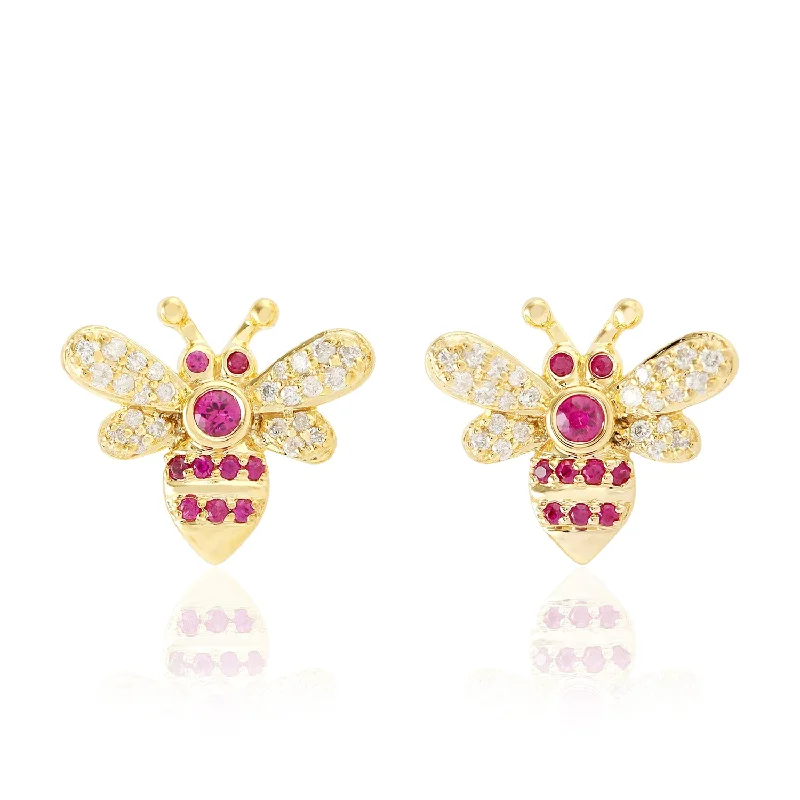 Stud Earrings for Travel Look -Natural Ruby & Diamond Honeybee Stud Earrings In 18k Yellow Gold